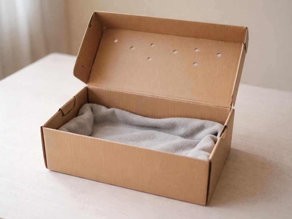 A small ventilated cardboard shoebox with air holes, lined softly for safe temporary animal transport.