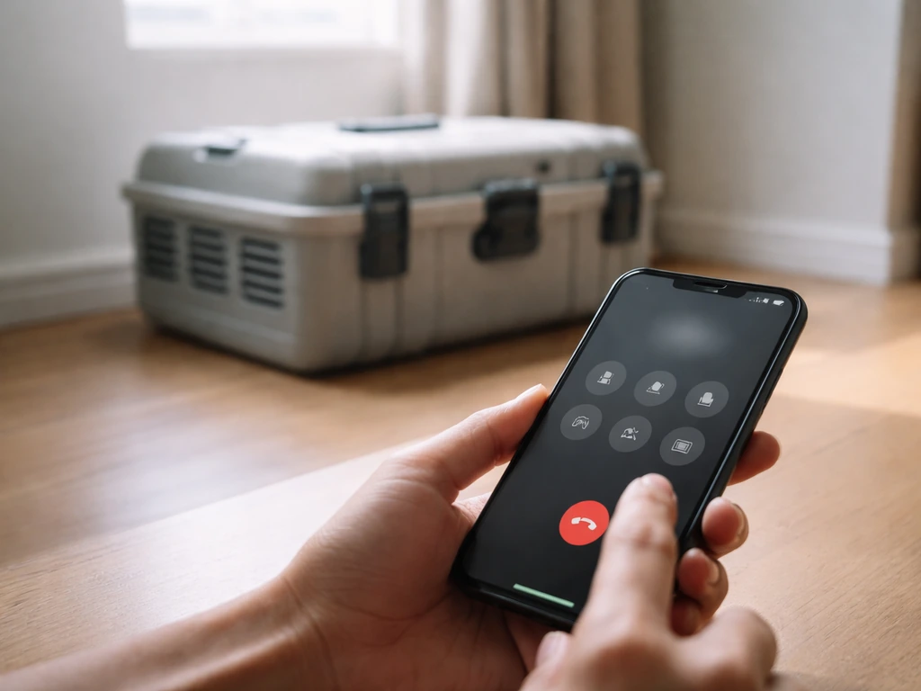 Hand ready to call on a smartphone with a secured ventilated transport box in the background.