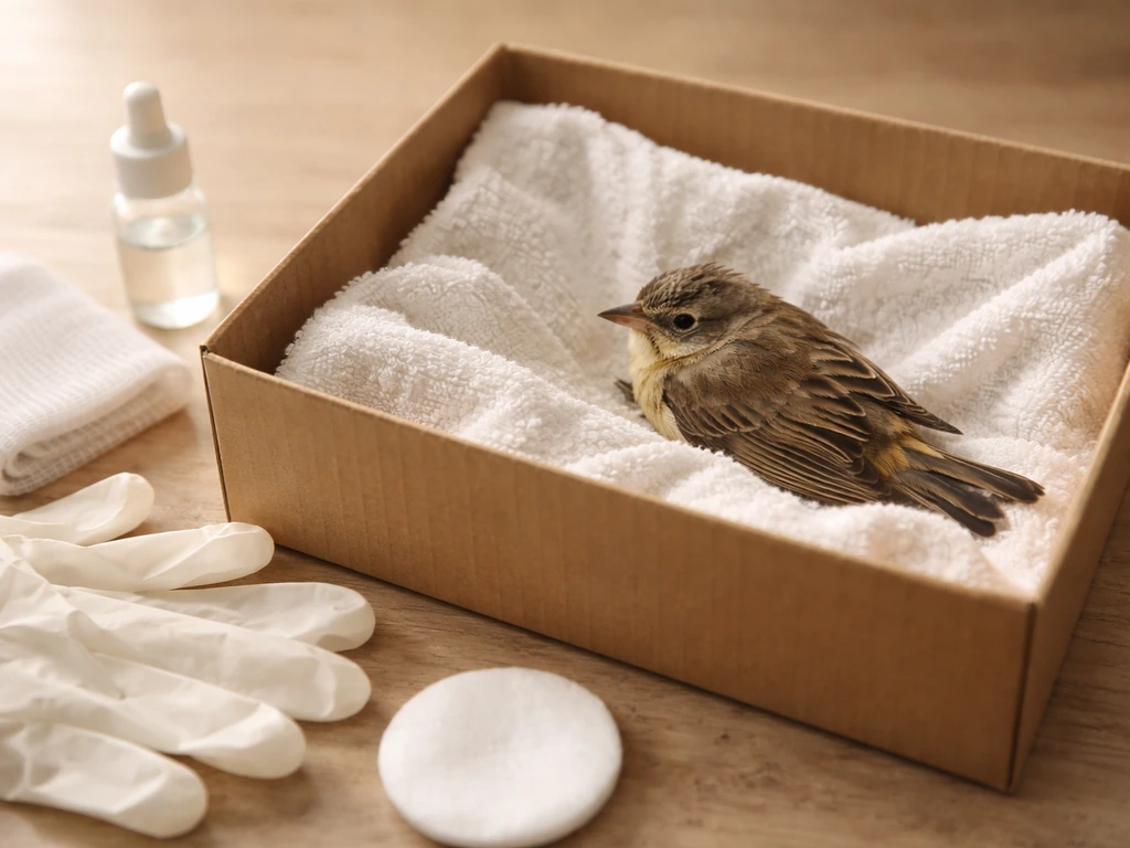 Small injured bird gently supported in a lined box with gauze and gloves nearby
