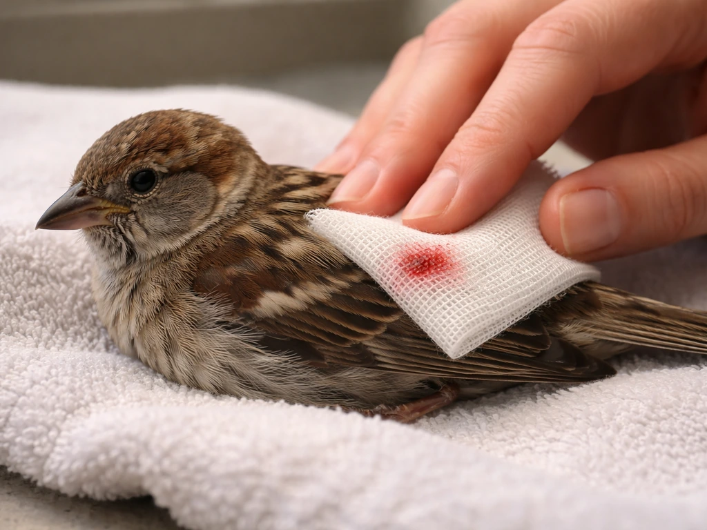 An injured small bird with clean gauze gently pressed over a bleeding wound by a rescuer’s hand.