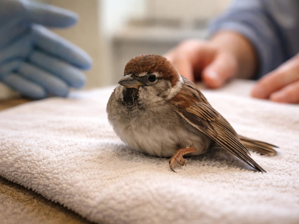 Rescued small bird on a towel with a drooping wing and leg held awkwardly, vet-style care setting.