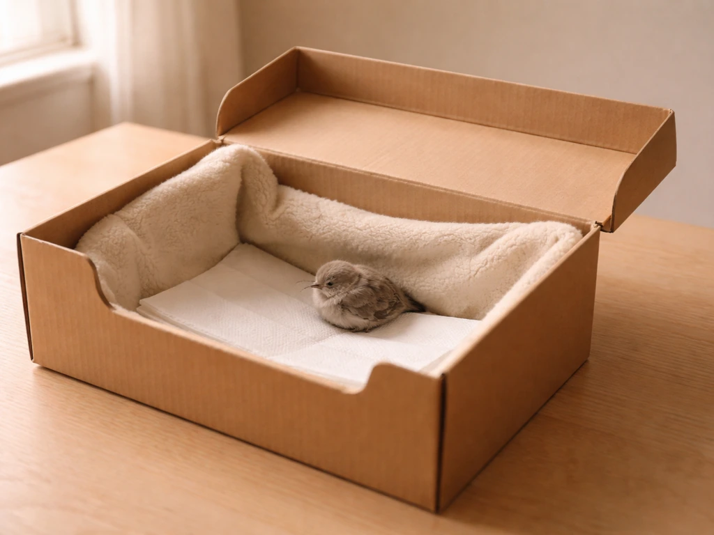 A shoebox transport container lined with a soft cloth, warm and quiet setup for a resting bird.