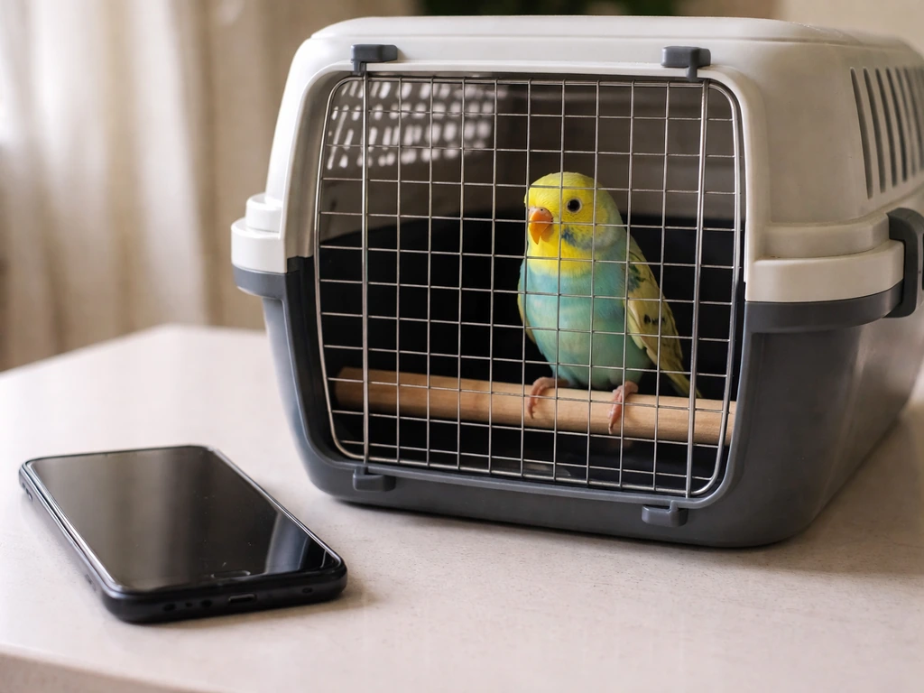 Small bird in a ventilated travel carrier beside a phone, suggesting an emergency vet call