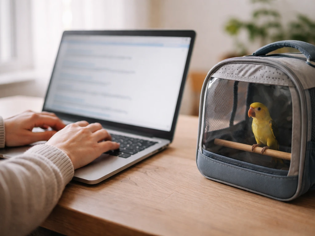 Person browsing an online vet directory on a laptop next to a pet bird carrier