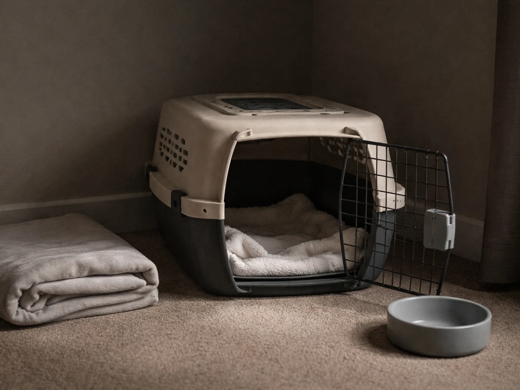 Dim quiet room with a prepared ventilated bird carrier lined with a clean towel, ready to go