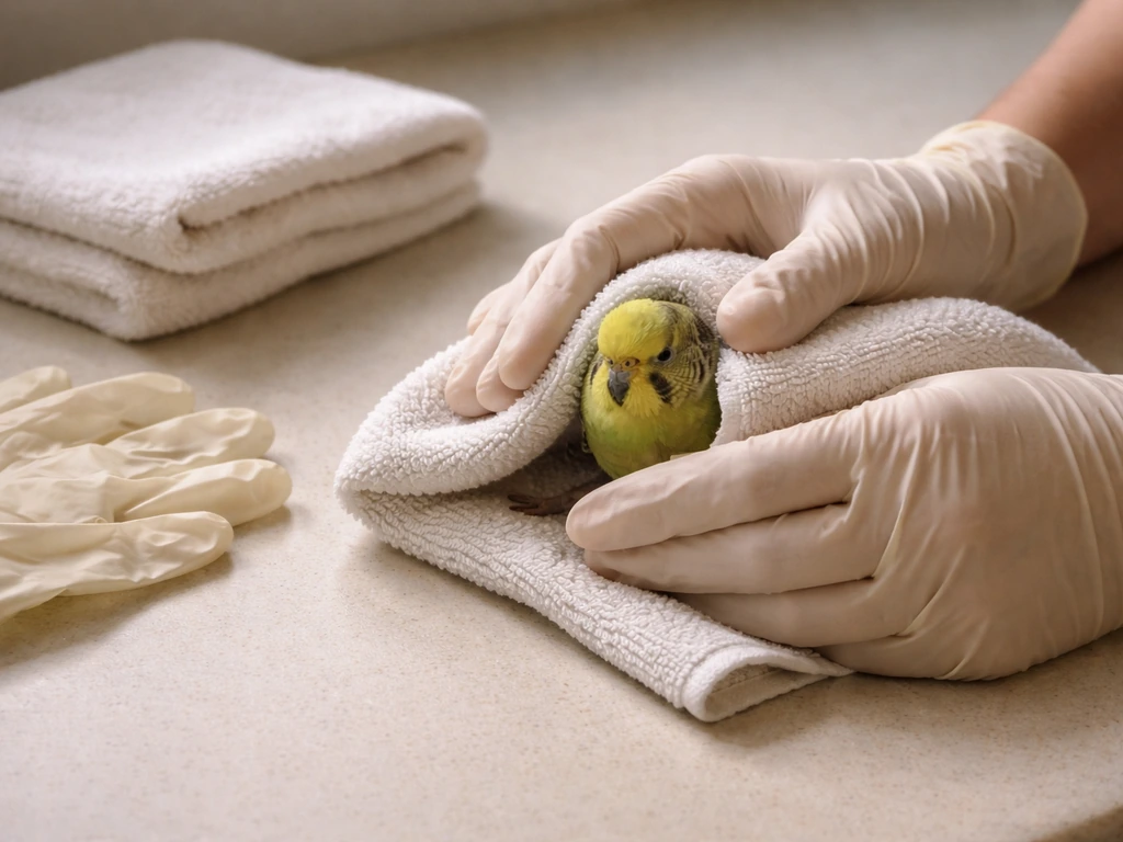 Gloved hands gently wrap a small bird in a towel for safe containment; towels and gloves nearby.