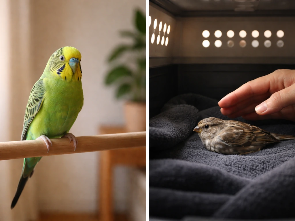 Side-by-side image: a pet parakeet at home versus a wild bird resting in a dark sheltered box after a window strike.
