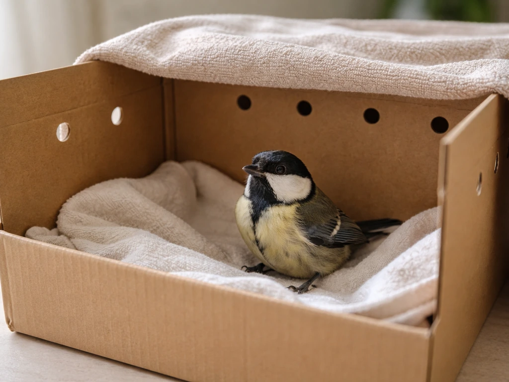 Injured bird upright in a ventilated cardboard box lined with soft cloth, calm and warm