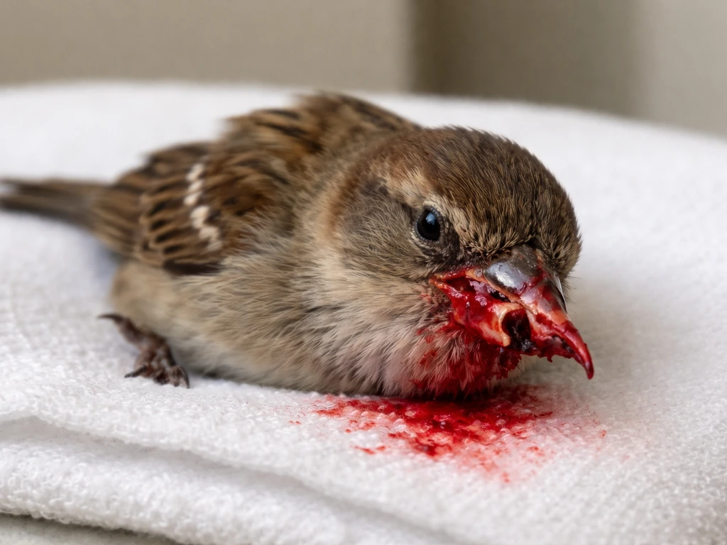 Close-up of an injured bird beak on a clean cloth with visible bleeding and bone protrusion