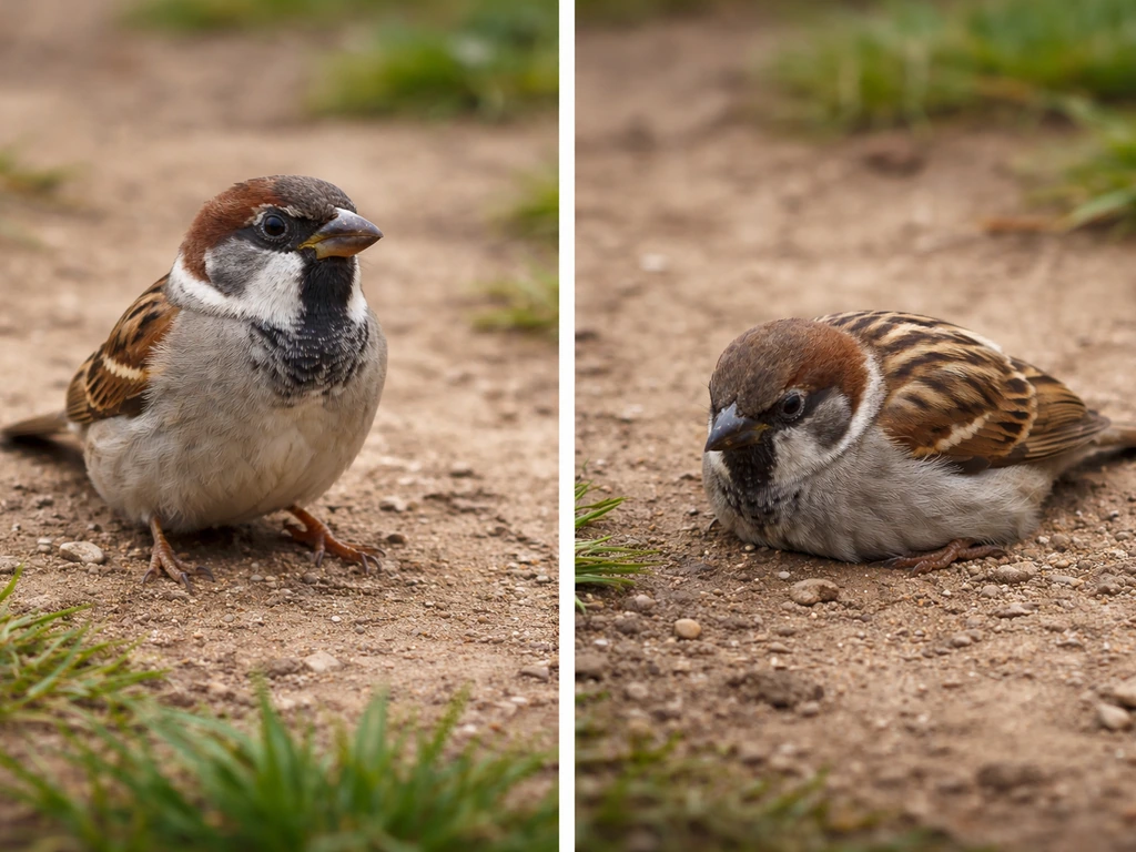 Two small birds side by side: one upright and alert, one hunched as if injured.