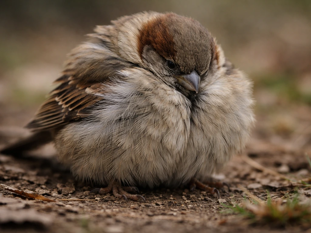 Close-up of a small bird hunched with fluffed feathers, head tucked at an odd angle, no blood.