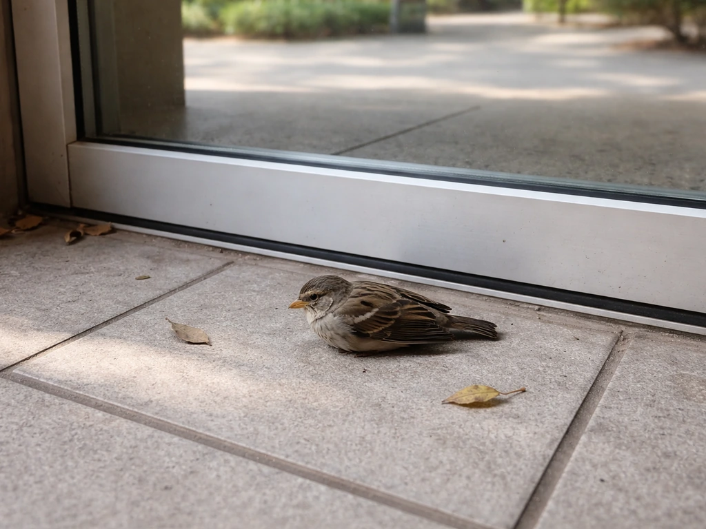 Stunned small bird crouched under a window on the ground, with the window frame above.