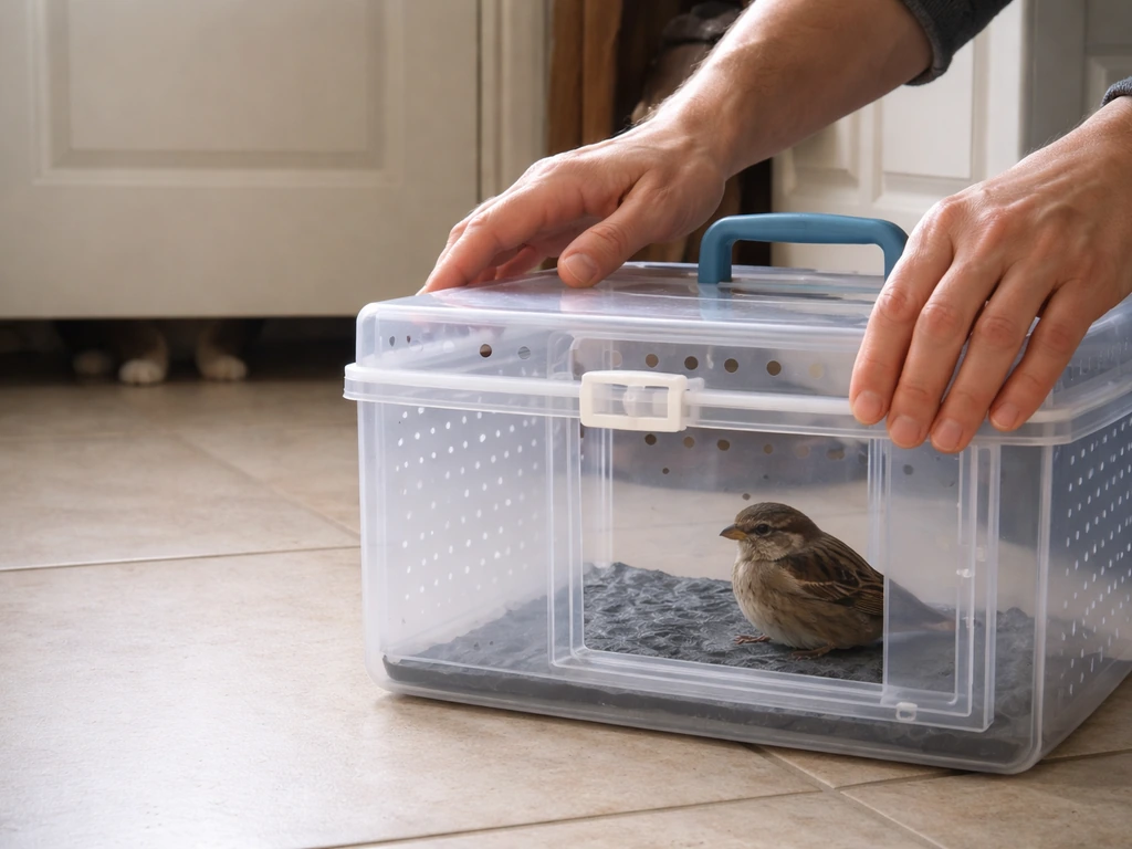 Hands place a small bird in a ventilated box while a cat is secured away behind a closed door.