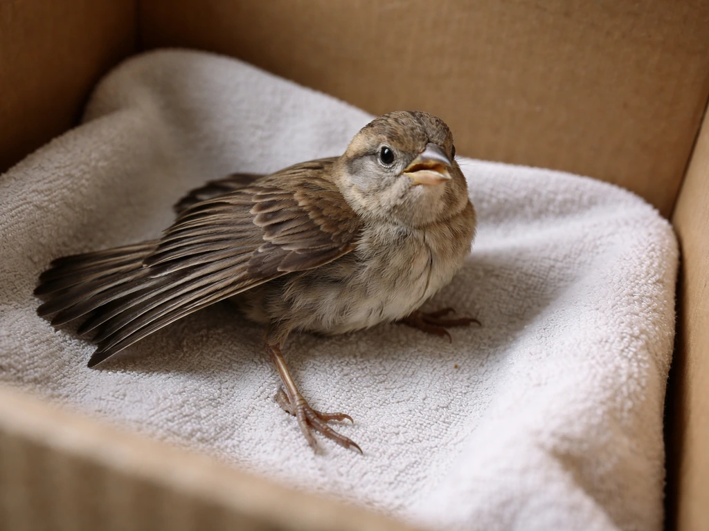 In a small recovery box, a rescued bird with one wing drooping and an abnormal posture suggests shock