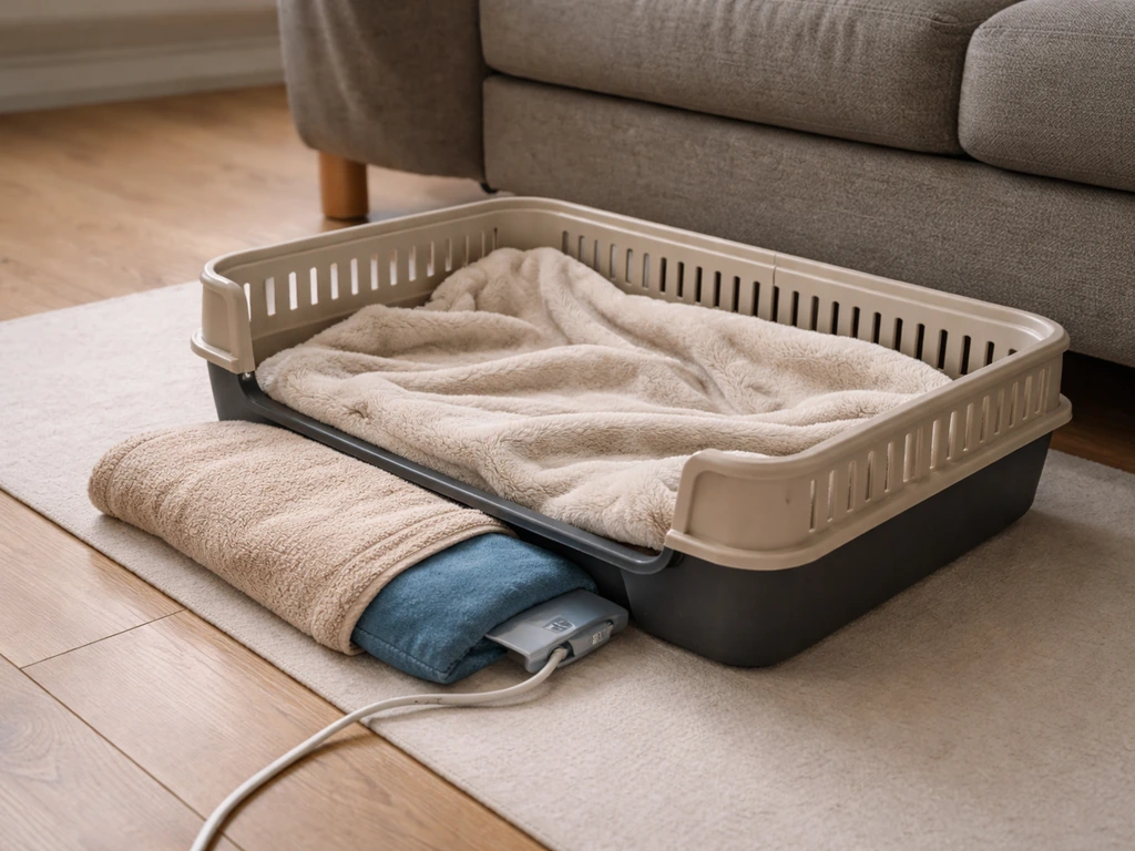 Warmth-first-aid setup with a heating pad under one side of a small pet carrier box