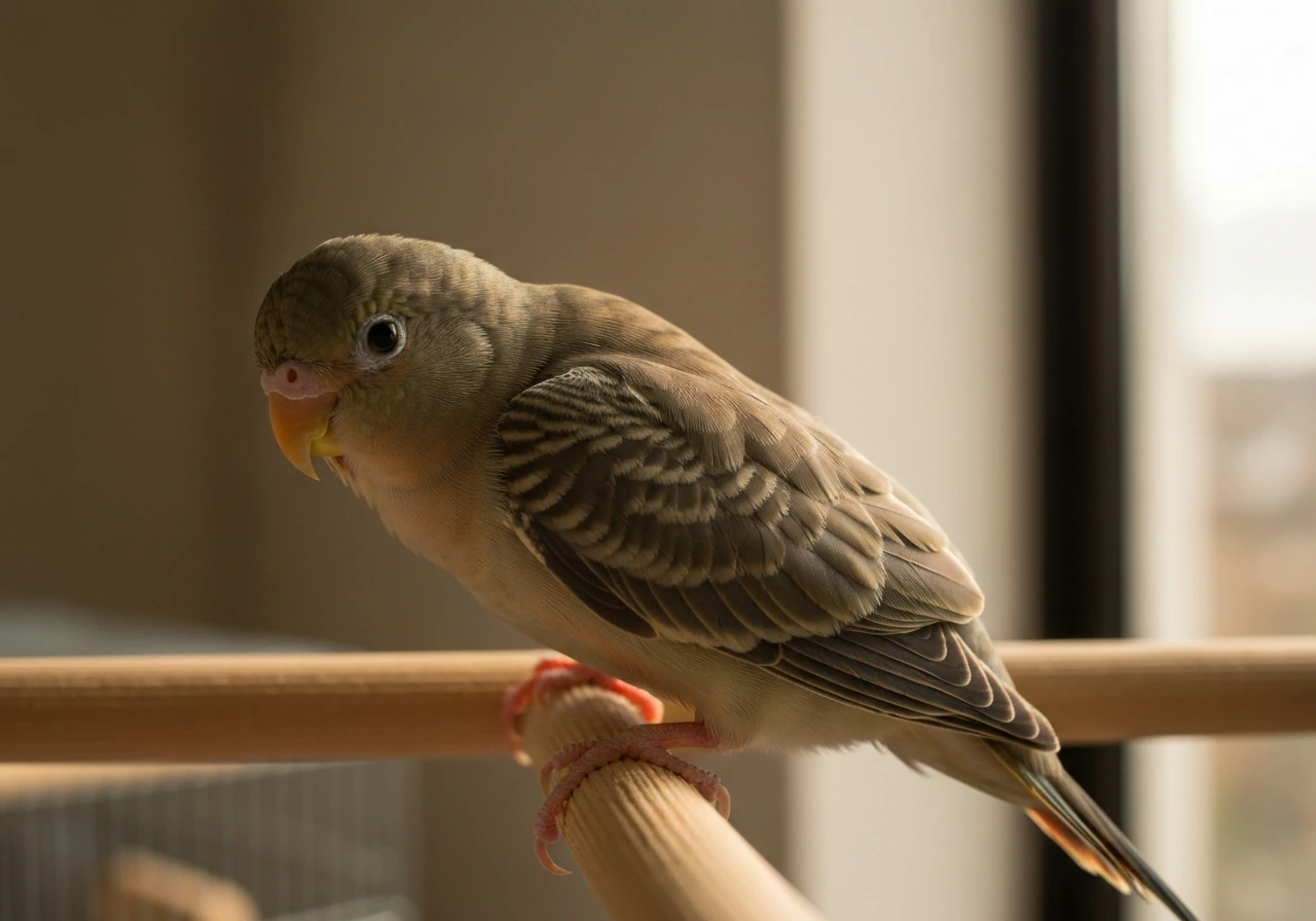 Small pet bird perched calmly with partially clipped wing feathers, safe indoor setting in soft natural light.