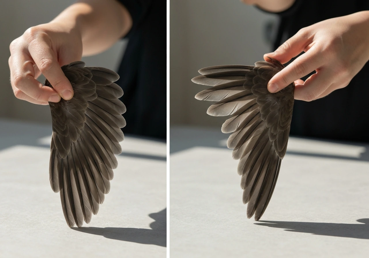 Two bird wings side by side: one even and one drooped to show uneven posture.