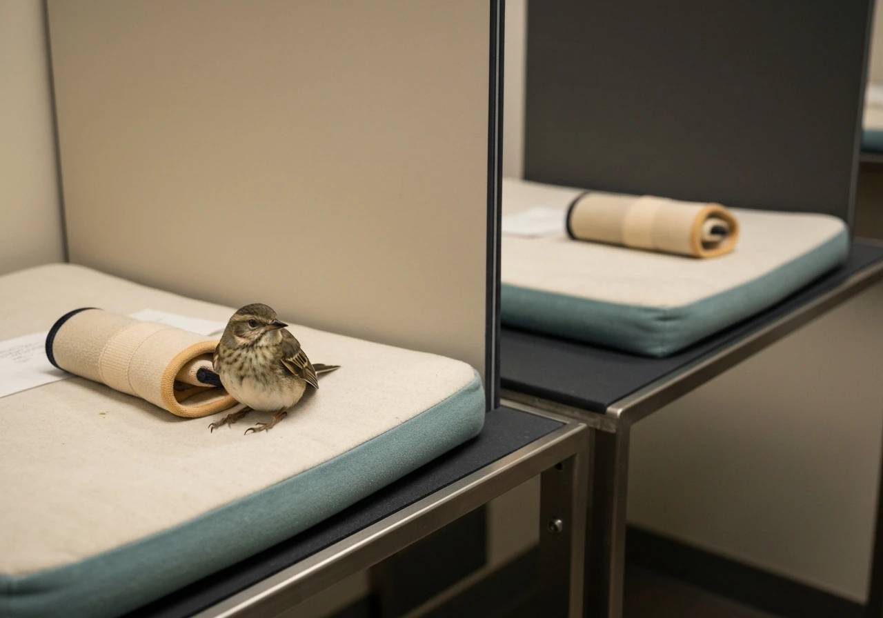 Small bird on a padded recovery perch in a wildlife rehab facility, with a nearby staging area.