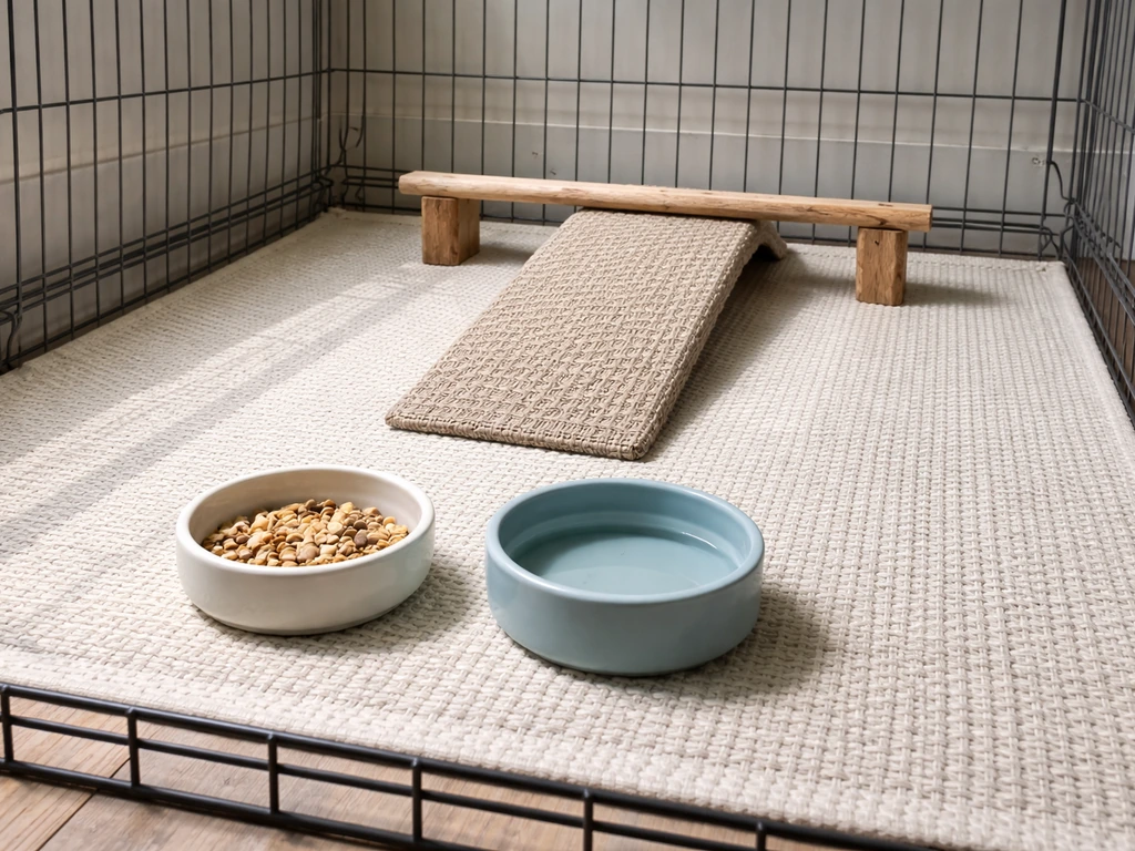Ground-level bird recovery setup with non-slip surface, shallow dishes, and a low ramp inside a quiet cage