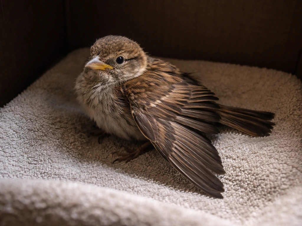 Close-up of a small bird with a visibly drooping wing resting on a towel in a dark recovery box.