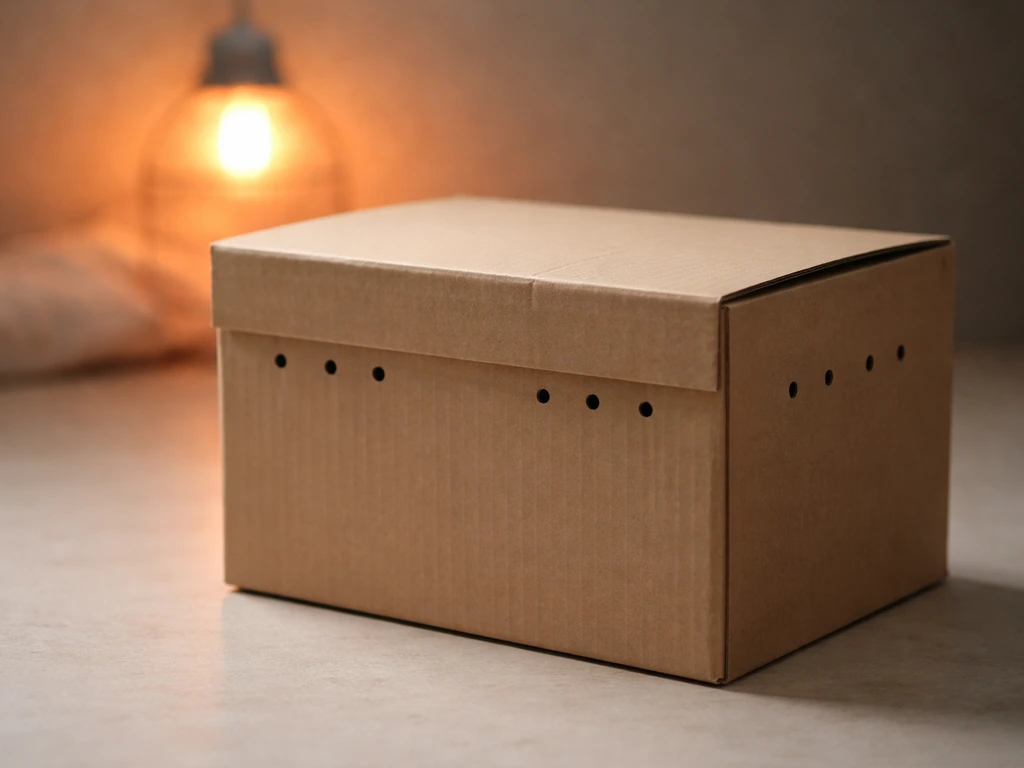 Closed ventilated cardboard box set near a warm heat source for a bird’s safe enclosure
