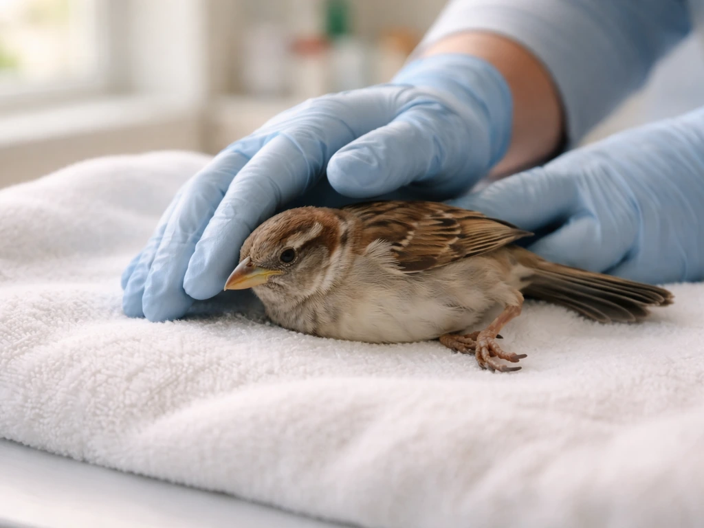 Gloved vet hands gently stabilizing an injured bird with a visibly unnatural leg angle on a clean towel