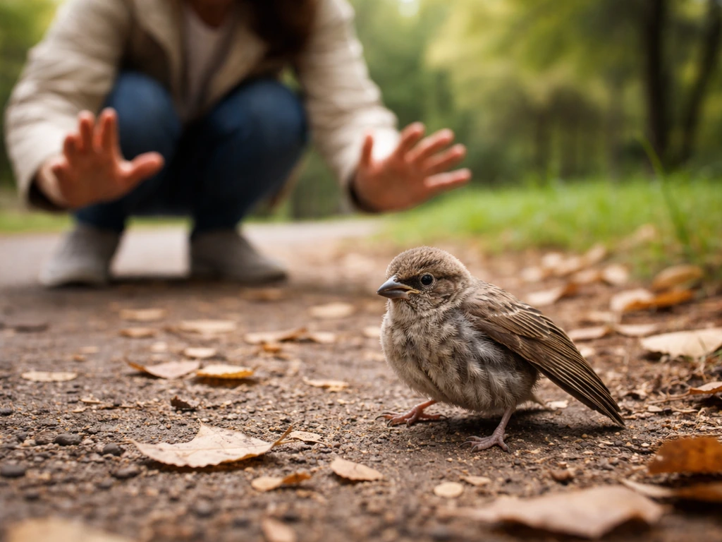 Injured small wild bird on leaves while a rescuer crouches nearby at a safe distance, watching closely.