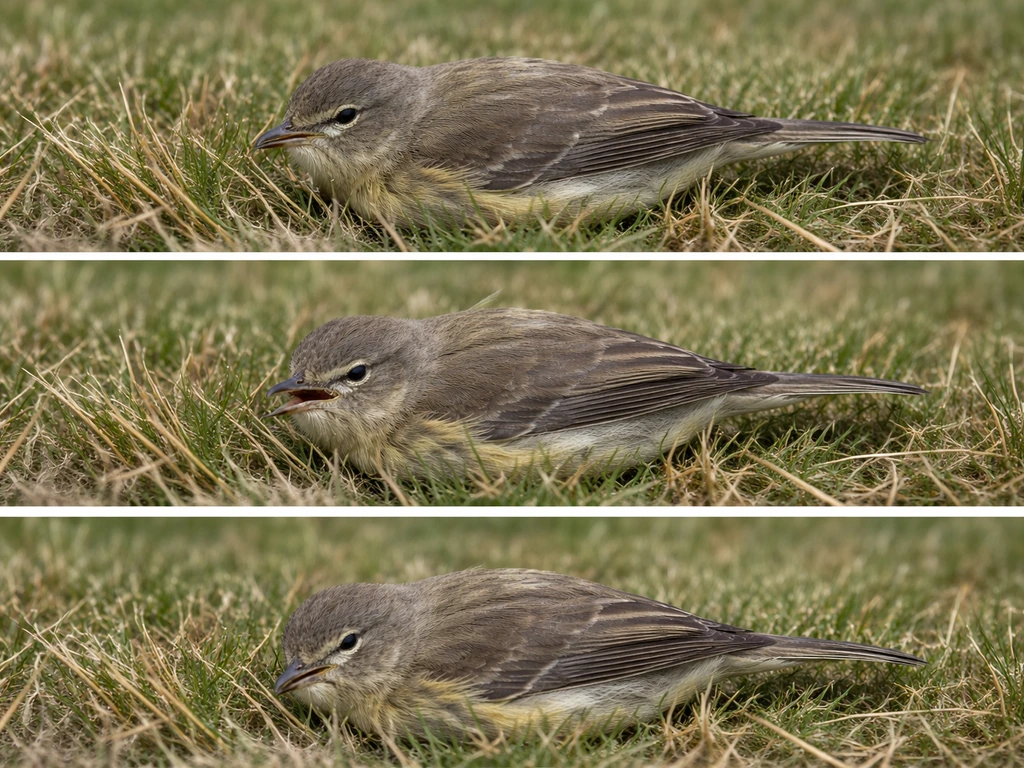 Small injured bird lying flat on grass, mouth slightly open, unable to stand in a minimal outdoor scene.