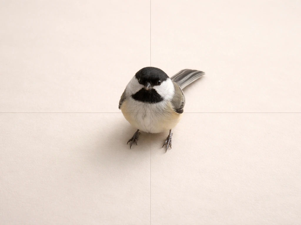 Overhead view of a small bird on a simple surface for a quick triage-style four-part visual check.