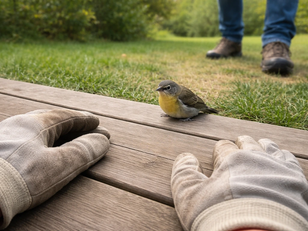 Gloved hands place a stunned small bird on a flat outdoor surface as it steadies itself