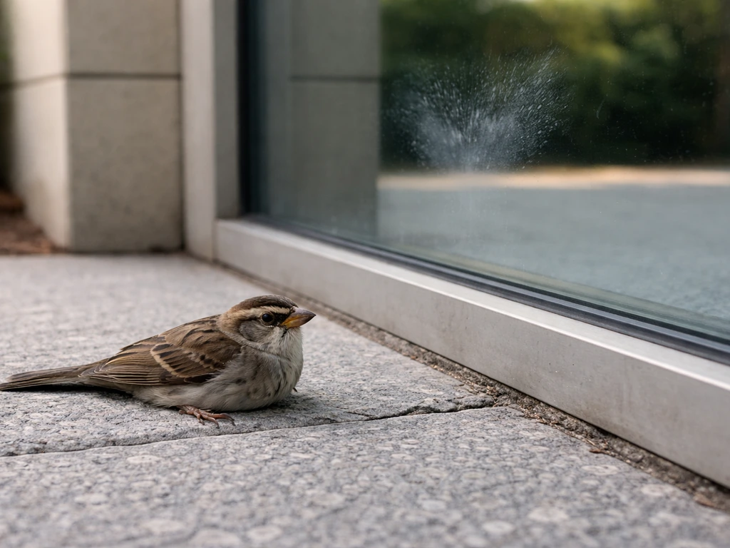 Small bird stunned on the ground beside a glass window, safe-distance photo framing
