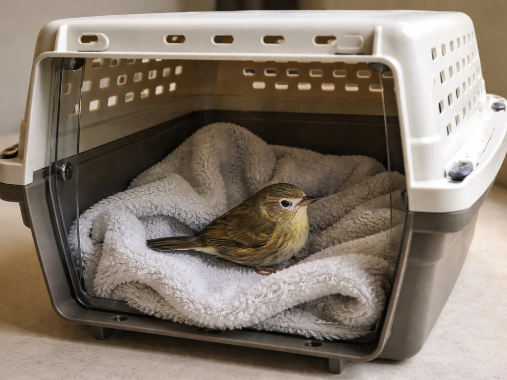 Small wild bird resting inside a secure ventilated carrier lined with cloth, ready for transport