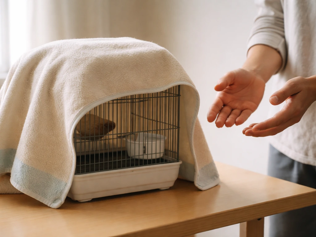 Calm rescue setup: towel-draped cage with an anonymous person’s hands paused nearby, ready to help.