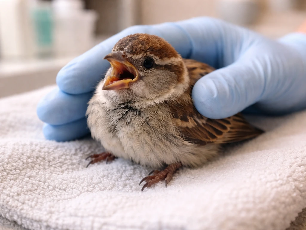 Close-up of a small bird showing open-mouth breathing beside a veterinarian’s gloved hand, urgent first-aid cue