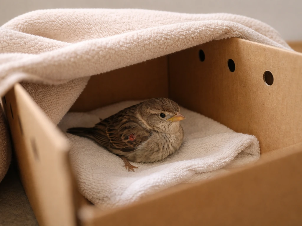 An injured small bird resting in a secure, simple cardboard carrier with a light towel cover.