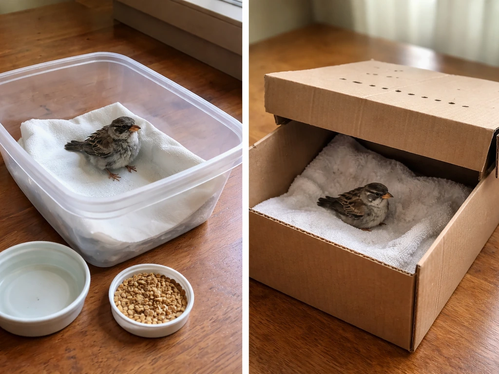 Split-view of an unstable uncovered bird container vs a covered, calm cardboard containment setup.