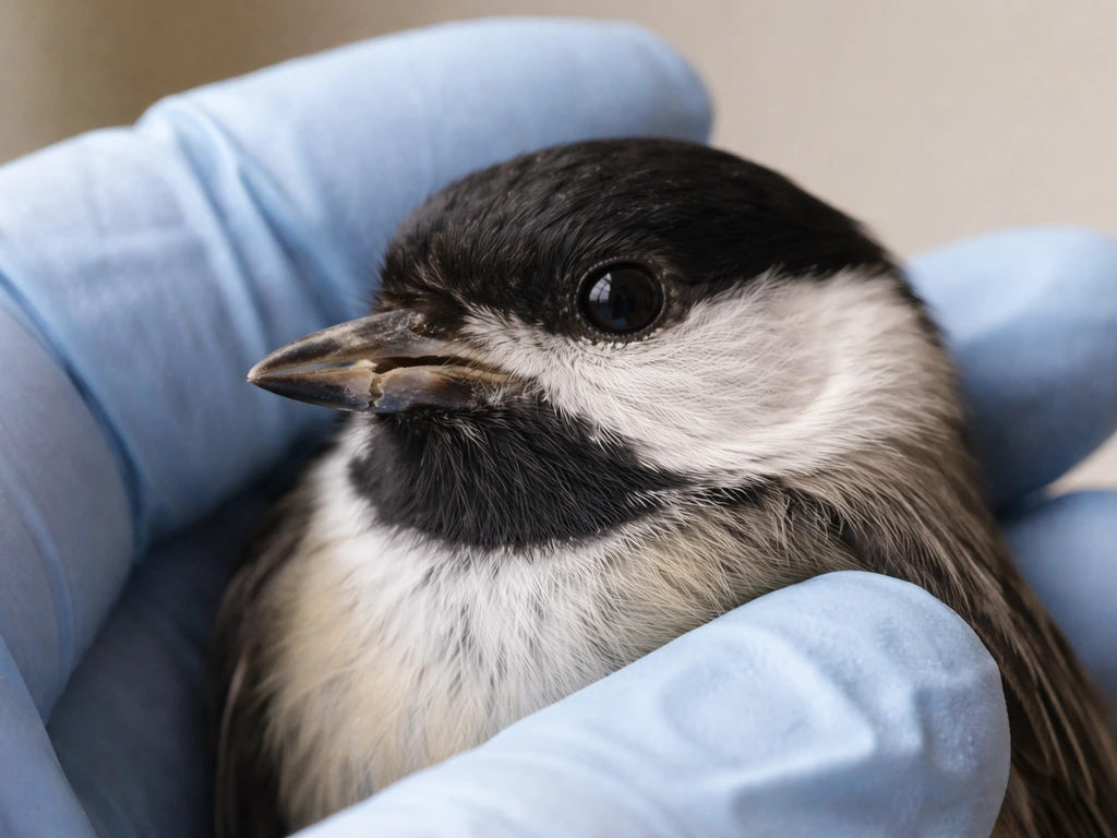 Close-up of a small bird with a visibly fractured beak gently supported by gloved hands.