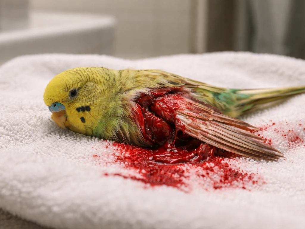 Injured bird on a towel with visible bleeding, open wound, and drooping posture in a quiet indoor setting