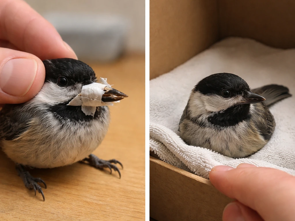 Split-screen: left shows a harmful DIY tape splint; right shows a bird resting without any beak repair.