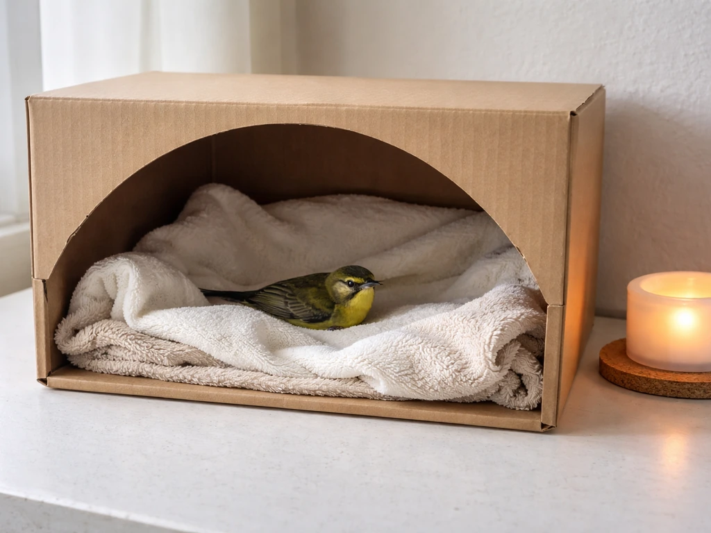 Quiet ventilated recovery box with bedding and a calm small bird silhouette, no food or water.