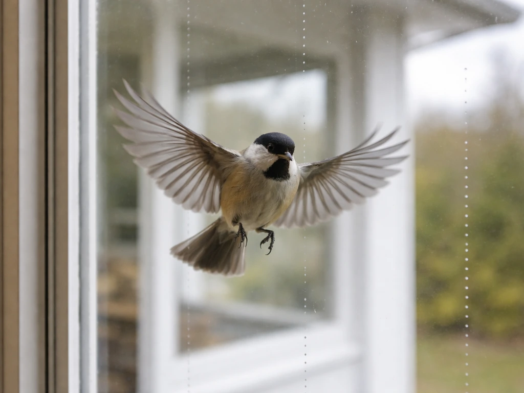 A small bird near a clear window with protective film decals to help prevent strikes.