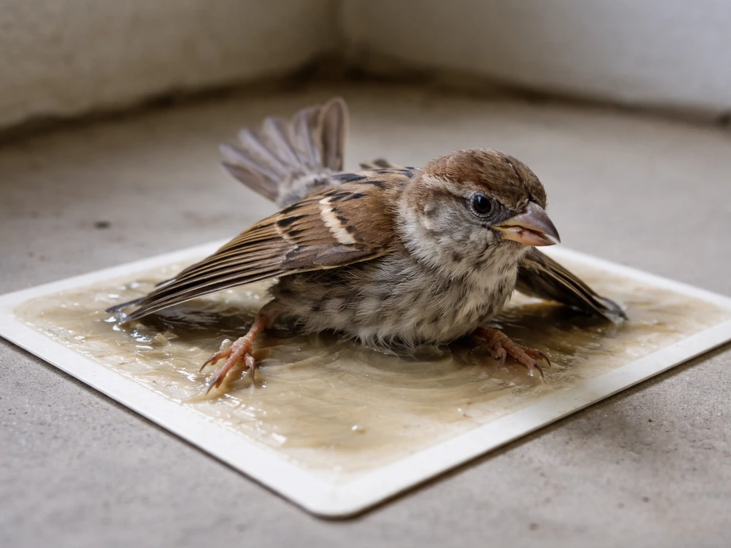 Small bird stuck on a glue trap surface with restrained legs and wings, thrashing with limited lift-off.