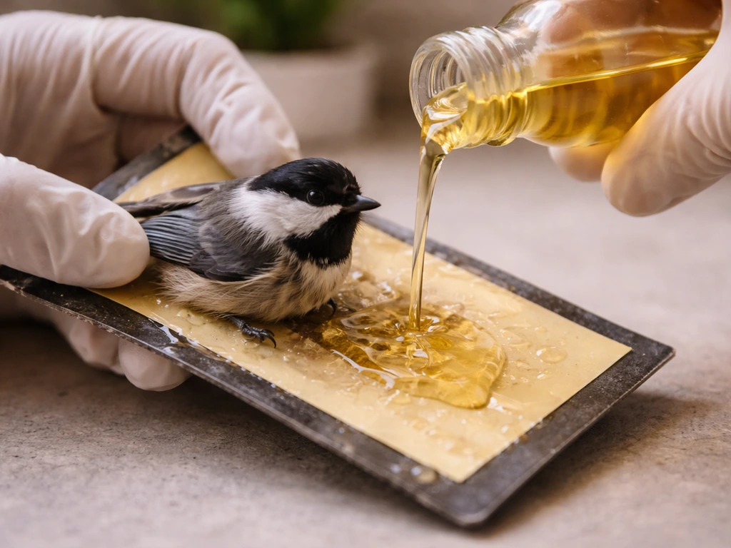 Gloved hands pour plain cooking oil onto a glue trap to help a small bird’s feathers release.