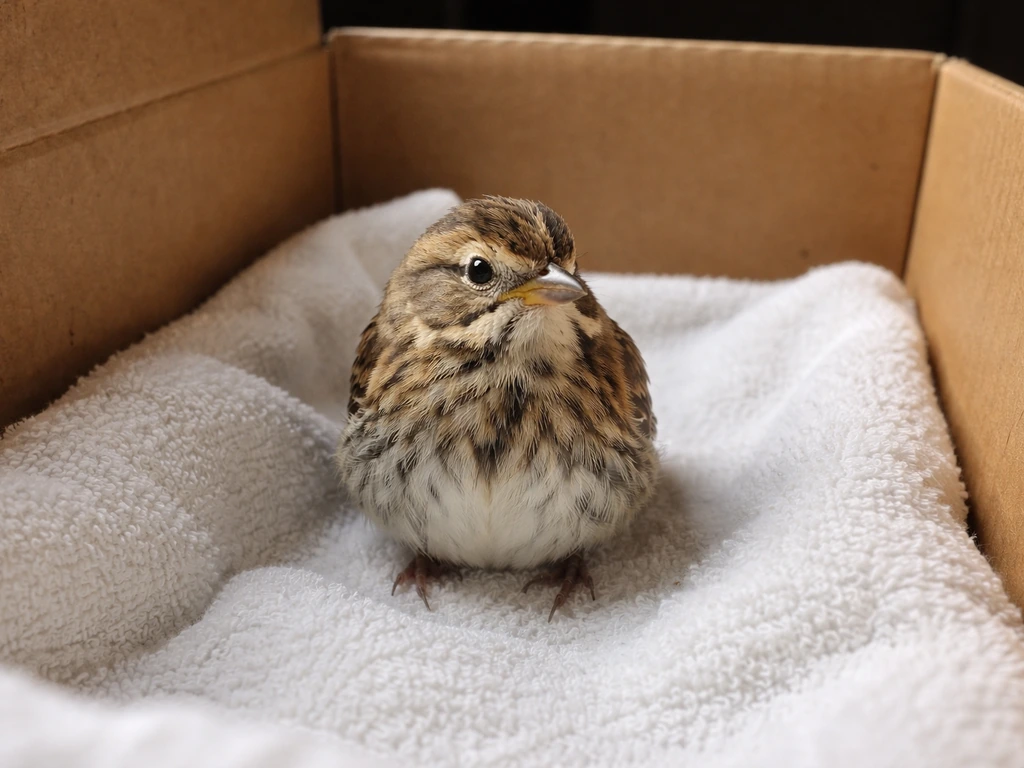Small bird sitting upright in a cardboard box lined with a clean, dry towel, minimal flapping space.