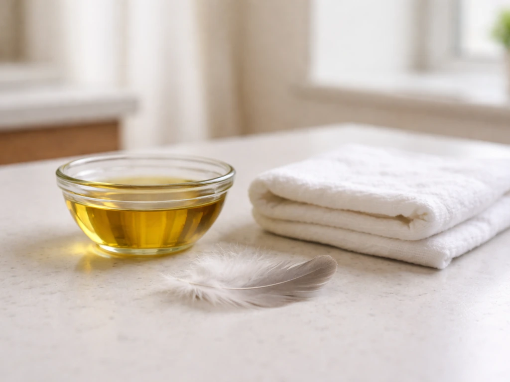 Minimal tabletop scene showing a small bowl of olive oil and a soft feather near a clean cloth