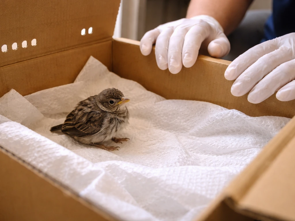 A small wild bird in a ventilated cardboard box with paper towels while gloved hands stay nearby.