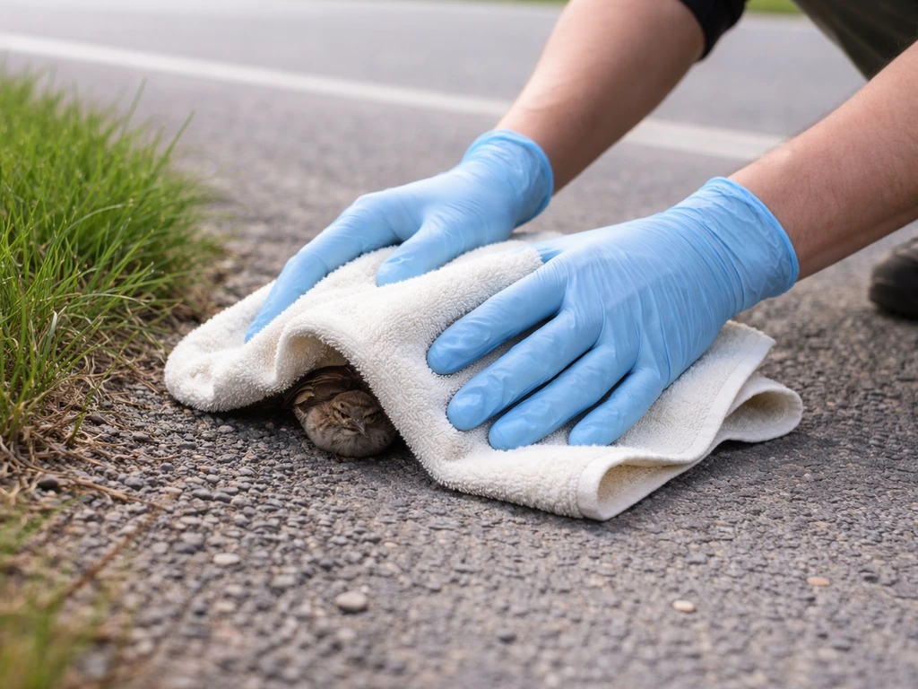 Gloved person gently covering an injured wild bird with a towel near the roadside