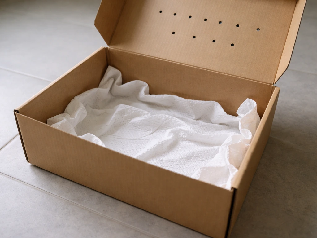Clean cardboard box with ventilation holes and crumpled paper towel bedding, ready for safe containment.