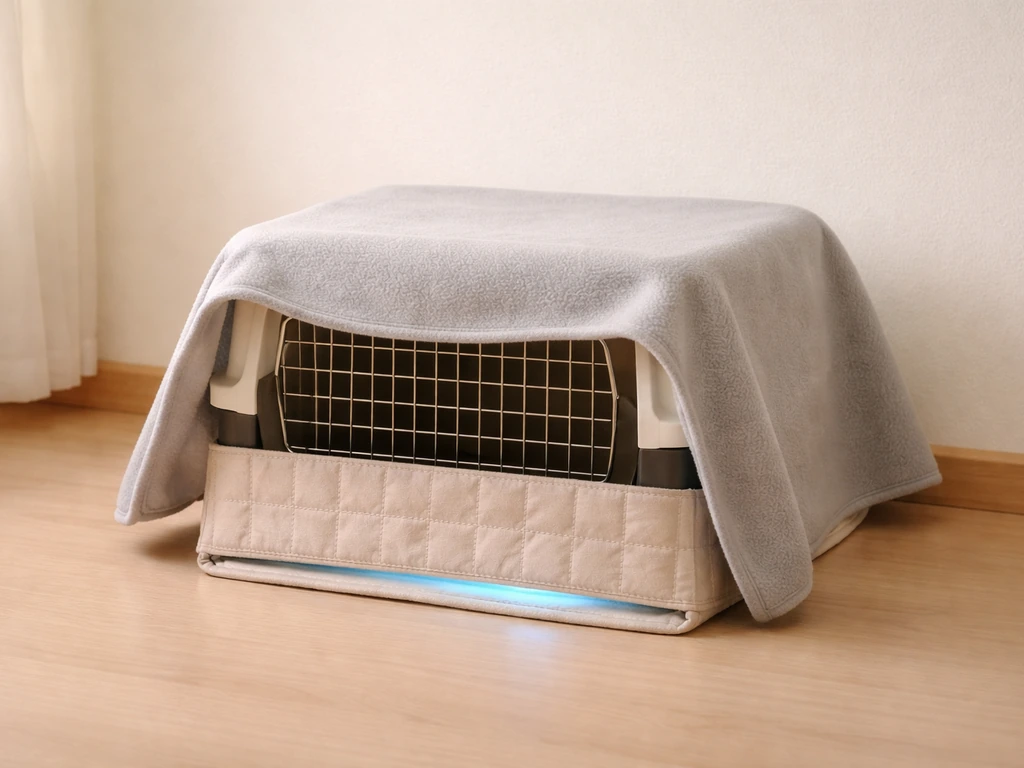 Heating pad under a covered bird transport box in a warm room with a barrier cloth