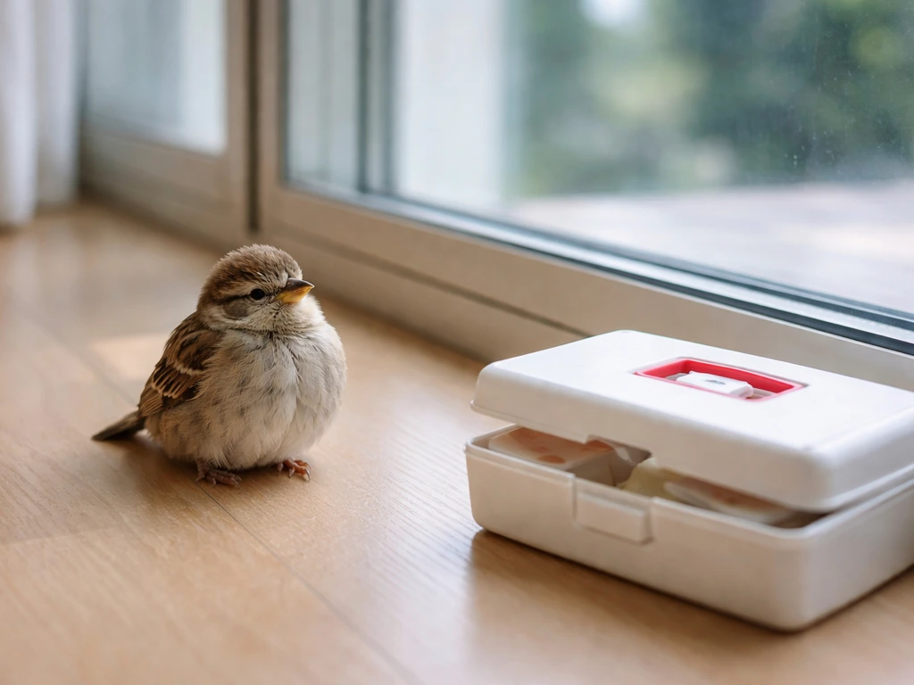Dazed small bird resting on the floor by a window with a small first-aid aid box nearby.